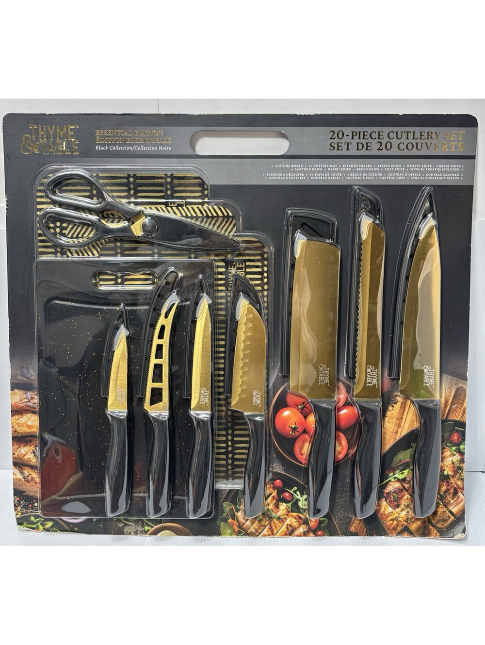Thyme & Table 20 Piece Stainless Steel Knife Cutting Board Set Black Gold NEW